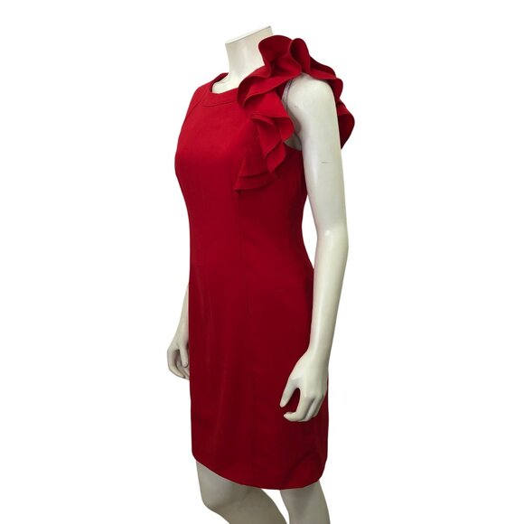 Calvin Klein Red Sleeveless Dress‎ With Ruffle Shoulder Detail Size 8P - Picture 3 of 6